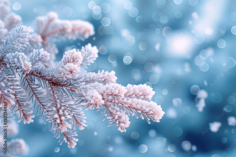 Poster a serene winter scene focusing on snow-flake frosted pine branches against a soft bokeh background, 