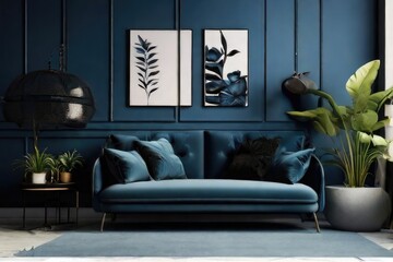 Couch Living Room Interior with Abstract Paintings , frames poster mockups , and Wooden Coffee Table

