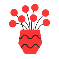 Red flower set in vase. Ceramic red glass vase with black pattern. Cute flowers icon collection. Pottery Glass decoration. Modern abstract aesthetic art. White background. Flat design. - 752214430