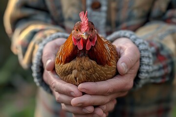 A detailed close-up capturing the essence of farm life with a farmer's hands holding a small brown chicken