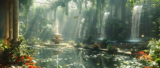 Landscape of Ethereal Greenhouse Guardian with Butterfly, Unreal Engine 3D, fountain in the park