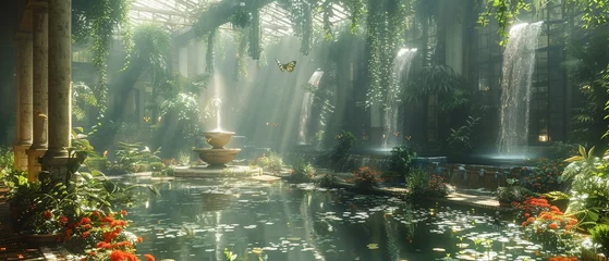 Poster Landscape of Ethereal Greenhouse Guardian with Butterfly, Unreal Engine 3D, fountain in the park © Alex