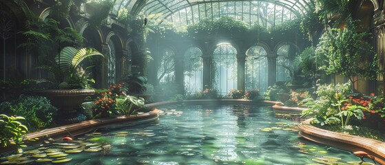 Landscape of Ethereal Greenhouse Guardian with Butterfly, Unreal Engine 3D, fountain in the forest