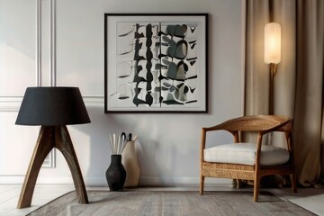 Couch Living Room Interior with Abstract Paintings , frames poster mockups , and Wooden Coffee Table

