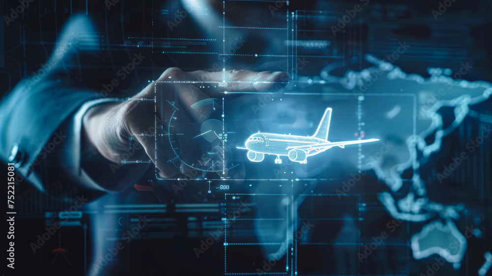 Poster businessman navigating transparent futuristic interface with airplane using fingertip.