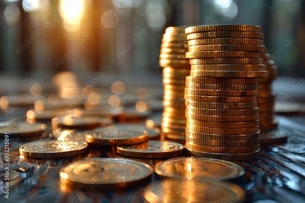 Poster an array of stacked coins creating a sense of wealth, stability, and the financial world on a highly
