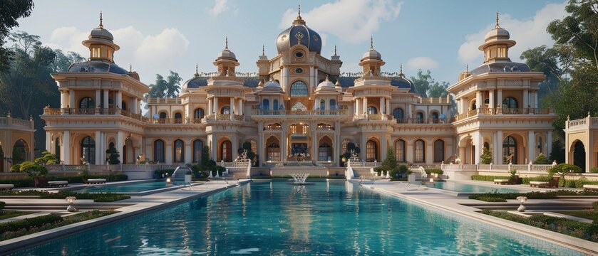 Landscape of Luxury Mansions, Unreal Engine 3D, Daytime,fountain in the park