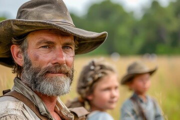Obraz premium Portrait of Rugged Outdoorsman with Children in Countryside Setting, Family Exploring Nature Concept, Vintage Style Clothing and Hats