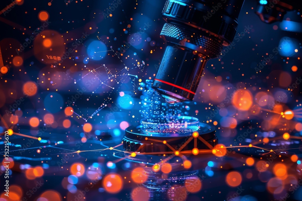 Poster a high-tech microscope with vivid, glowing particles that represent technological advancements in sc