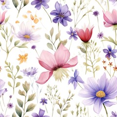 Fototapeta na wymiar Seamless pattern of watercolor field flowers white background