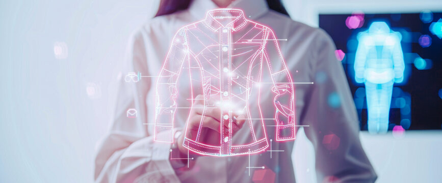 Designer showcases clothing design with a sewing tool icon against a holographic white background, blending creativity and technology in fashion innovation.