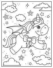 Cute unicorn with wings for Halloween. Coloring book for children. Coloring book for adults. Halloween.