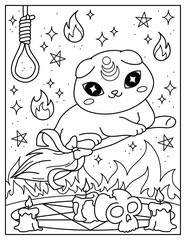 Witch's cat flies on a broomstick. Coloring book for children. Coloring book for adults. Halloween.