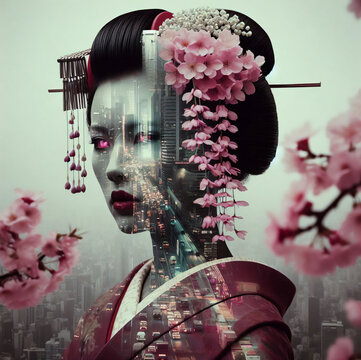 Futuristische Geisha, Kirschbl&uuml;ten, Doppelbelichtung, Stadt mit Hochh&auml;usern