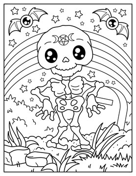Cute skeleton. Coloring book for children. Coloring book for adults. Halloween.
