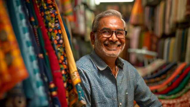 Happy Indian cloth merchant or clothing store owner sitting in shop looking at camera