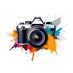 Simple graphic logo of color photo camera with splashes on white background.