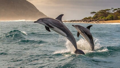 Fototapeta premium Several jumping dolphins in the water