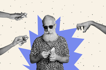 Collage image of black white effect people arms hold crumpled bills reach grandfather count dollars...