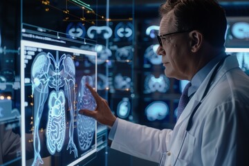 Fototapeta premium Specialist examining internal organ visuals on innovative display