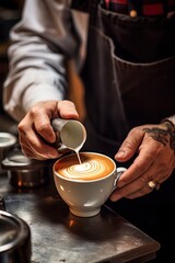 Fototapeta na wymiar Barista pouring latte foam over coffee, espresso and creating a perfect latte art. Ai Generative