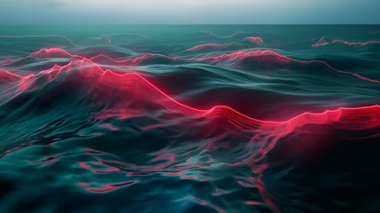 Tuinposter Abstraction of waves with laser red lines passing from above a dark background © Nastya
