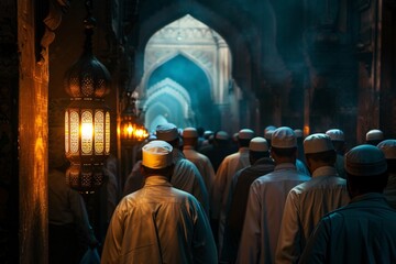 Group of moslem walking in the hallway of mosque at night with light ambience of lantern