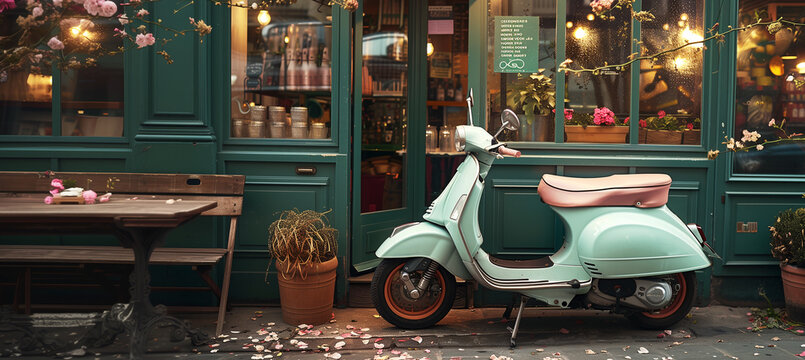 Retro-style Italian legendary scooter in pastel mint color rests beside cozy café in old town center, awaiting its owner. An immortal classic, image embodies fashion, travel, and transport concepts.