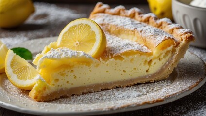 Pie with fresh lemons and powdered sugar. Delicious pastry. Fresh sweet dessert for breakfast....