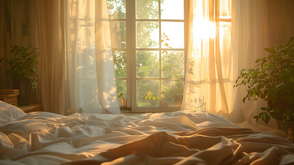 A tranquil image of sunlight streaming through sheer curtains into a bedroom, signaling the start of a new day and inviting a sense of calm and serenity. - obrazy, fototapety, plakaty