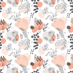Gordijnen Peach and Grey Modern Botanical Illustration Pattern Seamless Background © Natalie Meerson