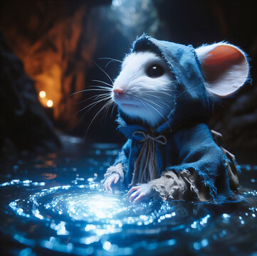 Wei&szlig;e Maus in blauem zerfledderten Kapuzenmantel steht in magischem Wasser, Phantasyfilm