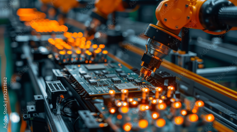 Poster close-up of a robotic arm assembling electronic circuit boards in an industrial setting, with an emp