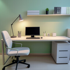 Contemporary Home Office with Green Walls, White Furniture, and Modern Desk Setup
