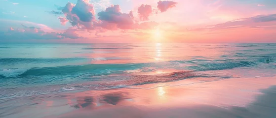Fotobehang A breathtaking view of the sunrise over a serene beach, with pink and blue hues reflecting off the water and clouds, creating a peaceful and picturesque scene. © ChubbyCat