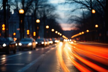 City Traffic at Dusk: Car lights creating streaks of bokeh. - obrazy, fototapety, plakaty