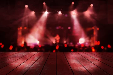 Photo sur Aluminium brossé Magasin de musique blurred concert lighting and bokeh on stage with wooden floor