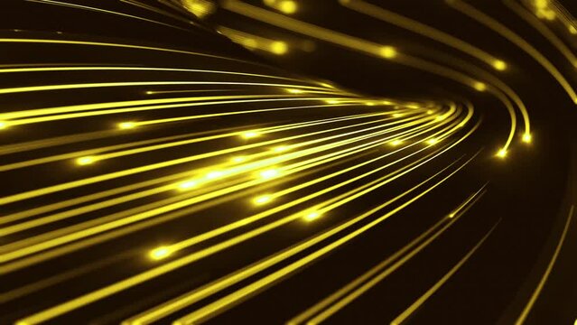 Abstract lines flowing dynamic pattern in yellow colors on dark background. Fiber optic, futuristic and technology concept. Motion graphic