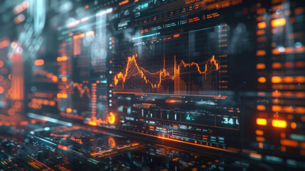 Abstract digital landscape showcasing financial data analysis with dynamic graphs and charts. Vibrant orange and blue hues dominate with a futuristic aesthetic. - obrazy, fototapety, plakaty