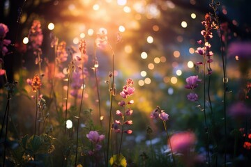 Enchanted Garden: Bokeh lights among flowers and foliage.