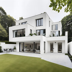 Let generative AI transport you into the realm of architectural innovation as you behold a meticulously designed newly built detached house, boasting immaculate white walls that epitomize contemporary