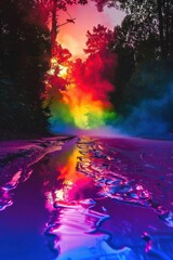 A surreal view of a forest path captured with vibrant, multicolored smoke creating a dreamy atmosphere