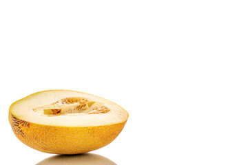 One half of sweet melon, macro, isolated on white background.