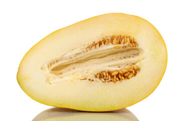 One half of sweet melon, macro, isolated on white background.