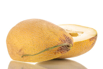 Two halves of sweet melon, macro, isolated on white background.