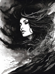 Naklejka premium Goth woman in a dark world - black and white drawing. Generative AI