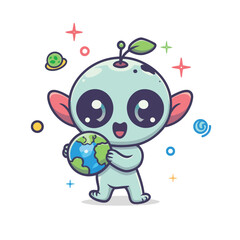 Obraz premium 2d vector illustration chibi cute alien, holding sphere earth plant , full body , clean shape and line, white background, random moon background 