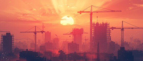 Sunset skyline with silhouettes of construction cranes and emerging skyscrapers. The atmosphere is bathed in a warm, orange glow implying urban development and industrial progress. - obrazy, fototapety, plakaty