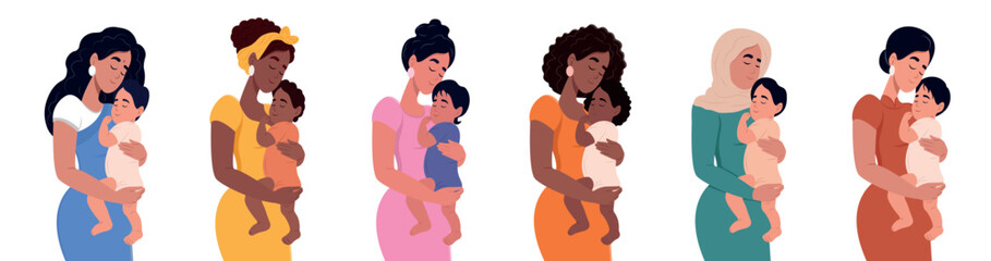 A set of different women with a newborn baby. African American, Muslim, Native American, African, Chinese, Asian. Young beautiful multiethnic women of different nationalities.