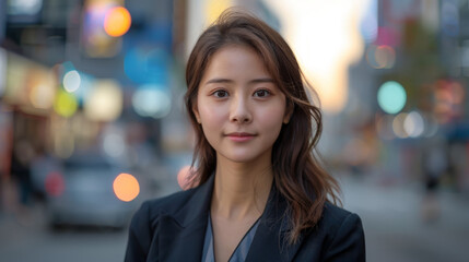 Portrait of a young professional woman with a gentle smile, standing on a city street at dusk, with bokeh lights in the background and the city's bustle around her.